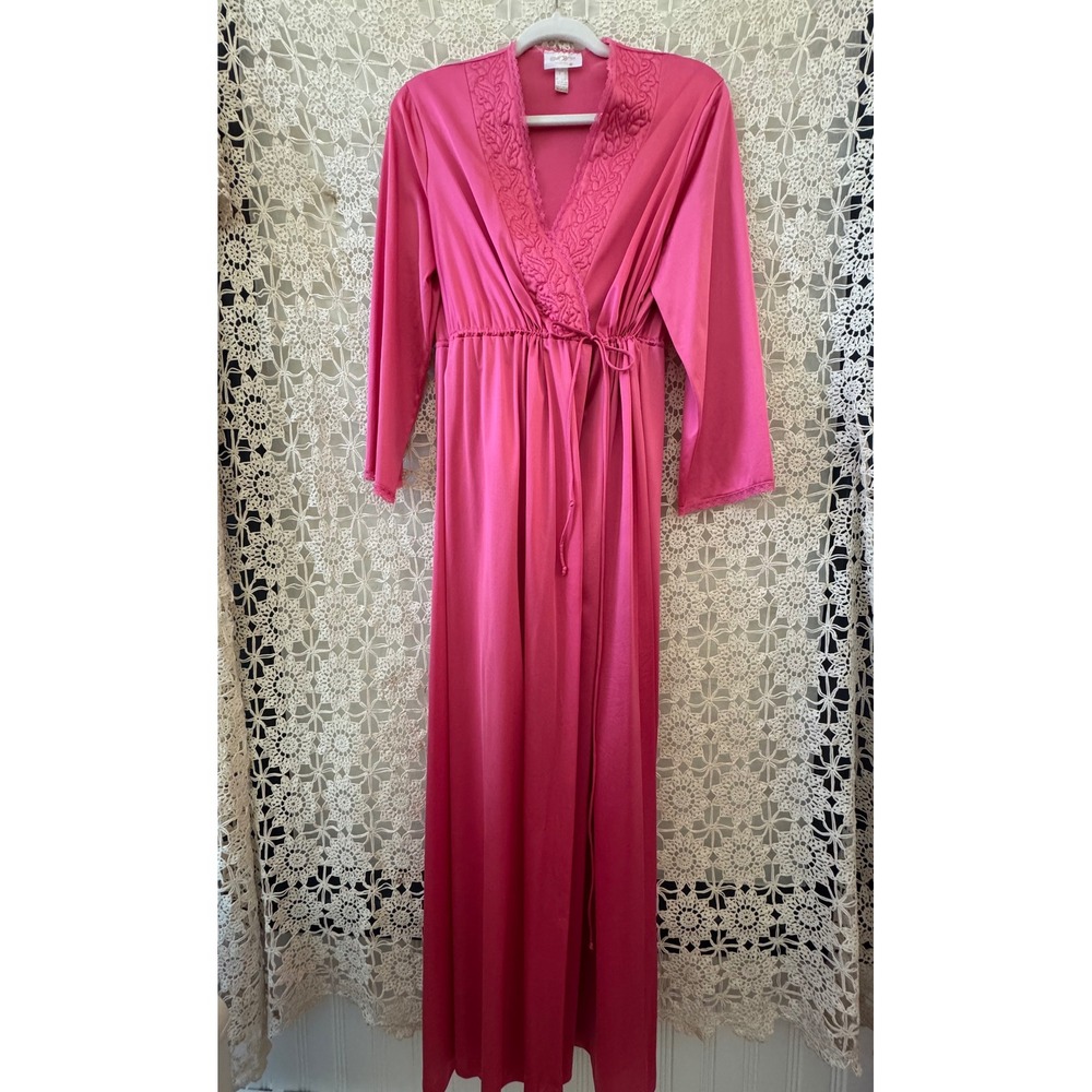Montgomery Ward Rose Pink Robe Long Sleeve Lace Trimmed Lounge Dress‎ - Size M